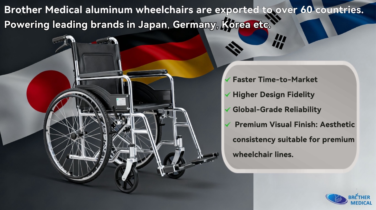 Cadeiras de rodas Brother Medical exportadas para mais de 60 pa&iacute;ses, tempo de coloca&ccedil;&atilde;o no mercado mais r&aacute;pido, maior fidelidade de design, confiabilidade de n&iacute;vel global, acabamento visual premium Consist&ecirc;ncia est&eacute;tica adequada para linhas de cadeiras de rodas premium