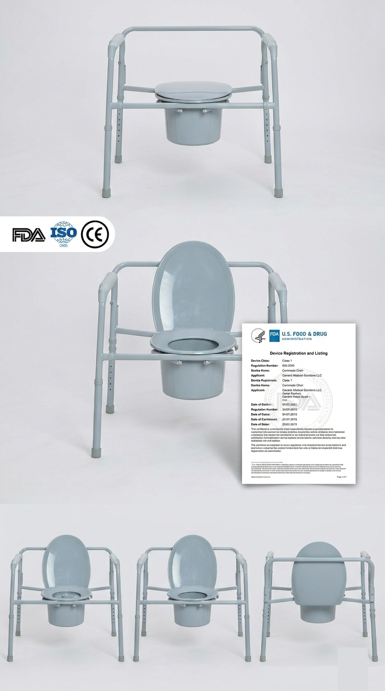 C&ocirc;moda bari&aacute;trica dobr&aacute;vel registrada pela FDA com estrutura de a&ccedil;o dur&aacute;vel, suportando at&eacute; 650 libras. Certificado para os mercados de equipamentos m&eacute;dicos (DME) dos EUA, em conformidade com o c&oacute;digo HCPCS E0168.