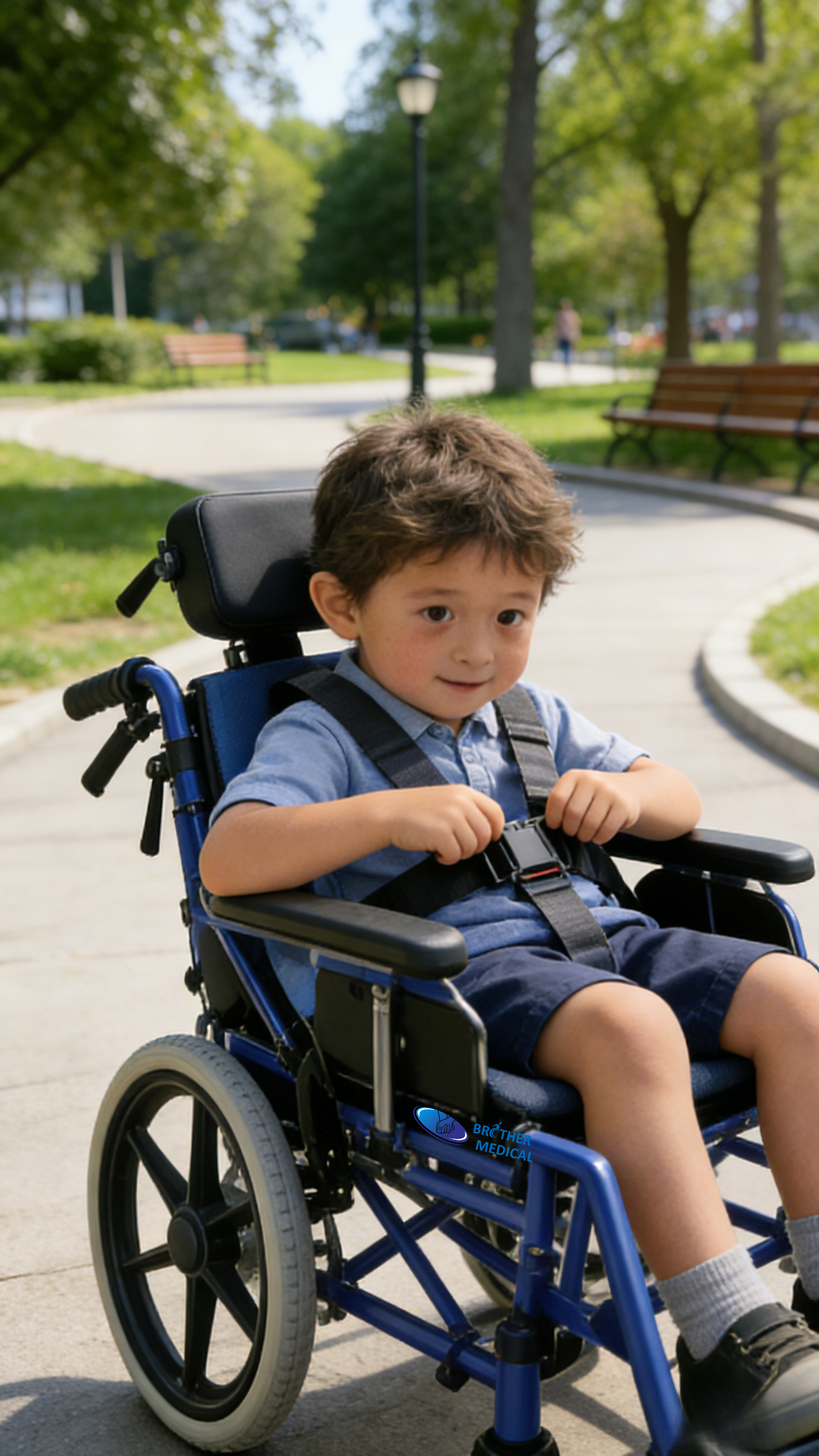 Cadeira de rodas pediátrica ajustável para paralisia cerebral | Auxílio à mobilidade de alumínio pronto para crescimento (azul)