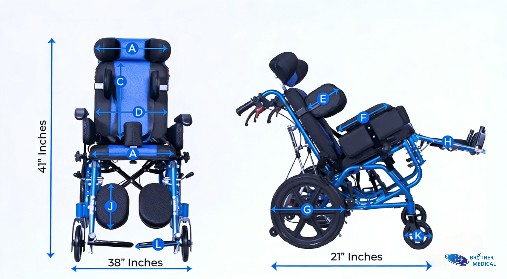 Informa&ccedil;&otilde;es sobre o tamanho da cadeira de rodas para paralisia cerebral, BME4620 Azul