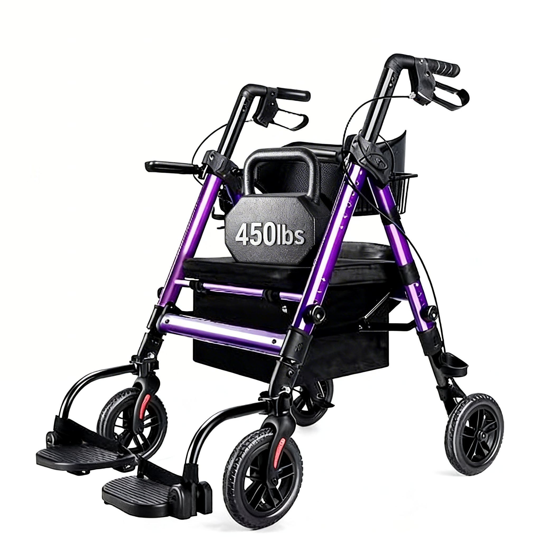 BME888 Cadeira de transporte bariátrica 2 em 1 para serviço pesado com capacidade de 450 libras e assento largo acolchoado e apoio para os pés dobrável