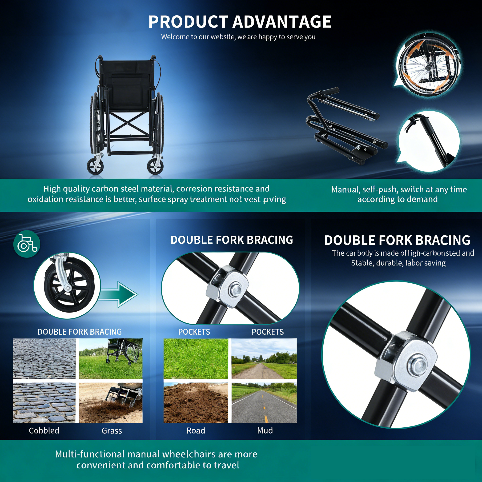 A cadeira de rodas Brother Medical Reinforced Frame usa juntas duplamente soldadas em pontos de articula&ccedil;&atilde;o de alta tens&atilde;o, sistemas de contraventamento para distribuir a carga uniformemente e tubos espessos, geralmente de a&ccedil;o ou ligas de alum&iacute;nio de alta qualidade